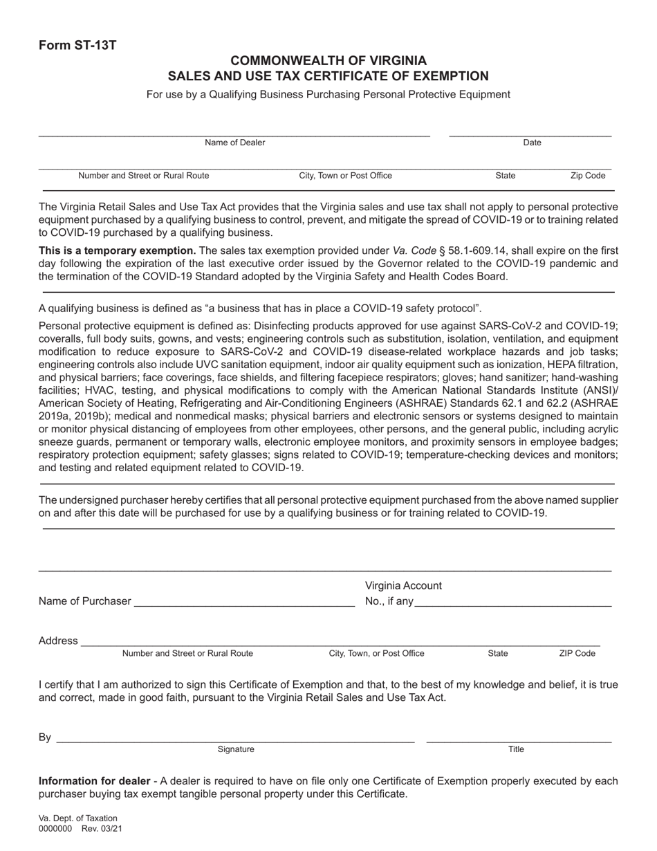 Form ST-13T Sales and Use Tax Certificate of Exemption for Use by a Qualifying Business Purchasing Personal Protective Equipment - Virginia, Page 1