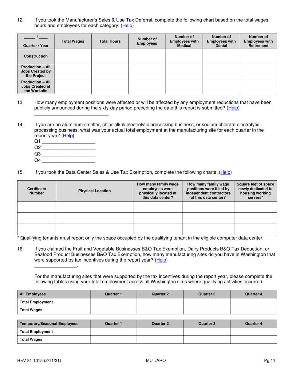 Form REV81 1015 Annual Tax Performance Report for Preferential Tax Rates / Credits / Exemptions / Deferrals Worksheet - Washington, Page 11