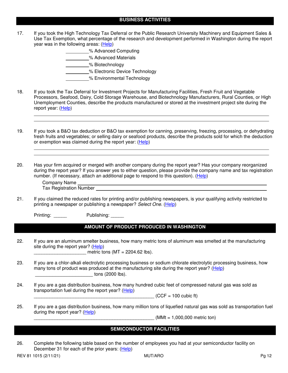 Form REV81 1015 Annual Tax Performance Report for Preferential Tax Rates / Credits / Exemptions / Deferrals Worksheet - Washington, Page 12