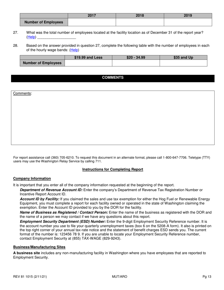 Form REV81 1015 Annual Tax Performance Report for Preferential Tax Rates / Credits / Exemptions / Deferrals Worksheet - Washington, Page 13