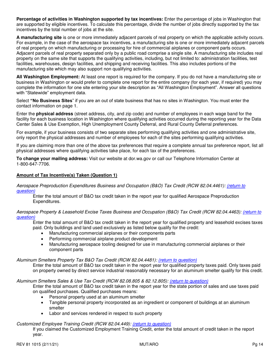 Form REV81 1015 Annual Tax Performance Report for Preferential Tax Rates / Credits / Exemptions / Deferrals Worksheet - Washington, Page 14