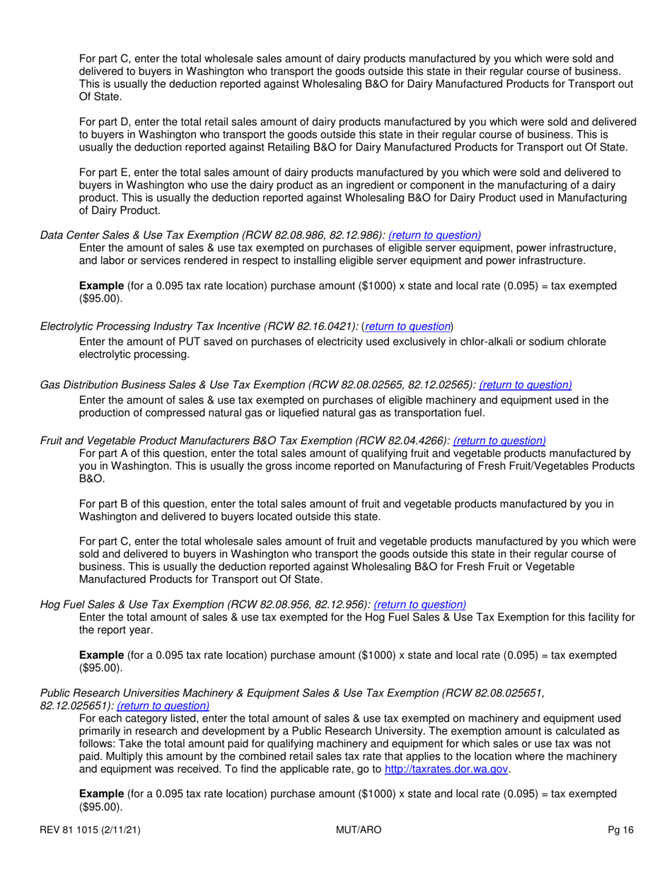 Form REV81 1015 Annual Tax Performance Report for Preferential Tax Rates / Credits / Exemptions / Deferrals Worksheet - Washington, Page 16