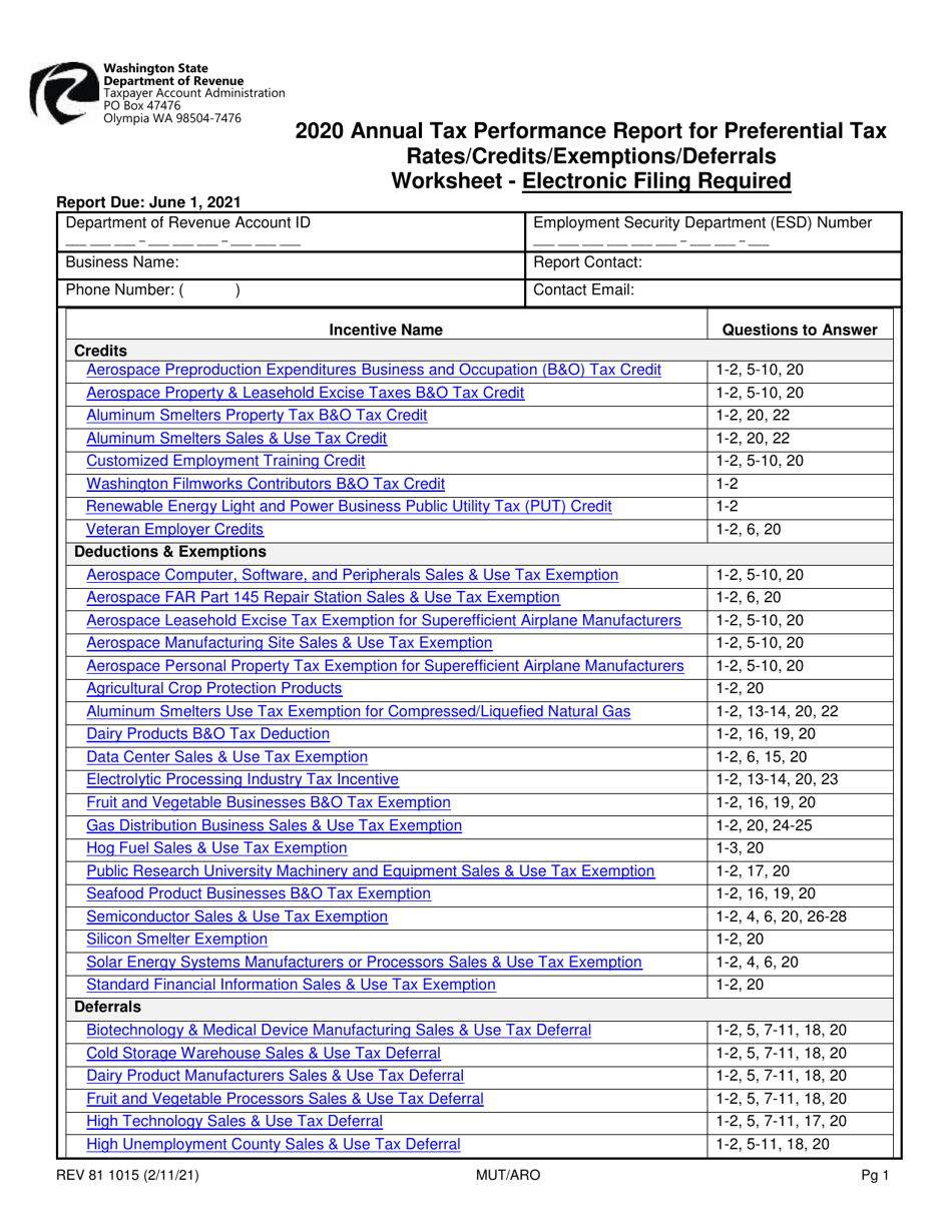 Form REV81 1015 Annual Tax Performance Report for Preferential Tax Rates / Credits / Exemptions / Deferrals Worksheet - Washington, Page 1