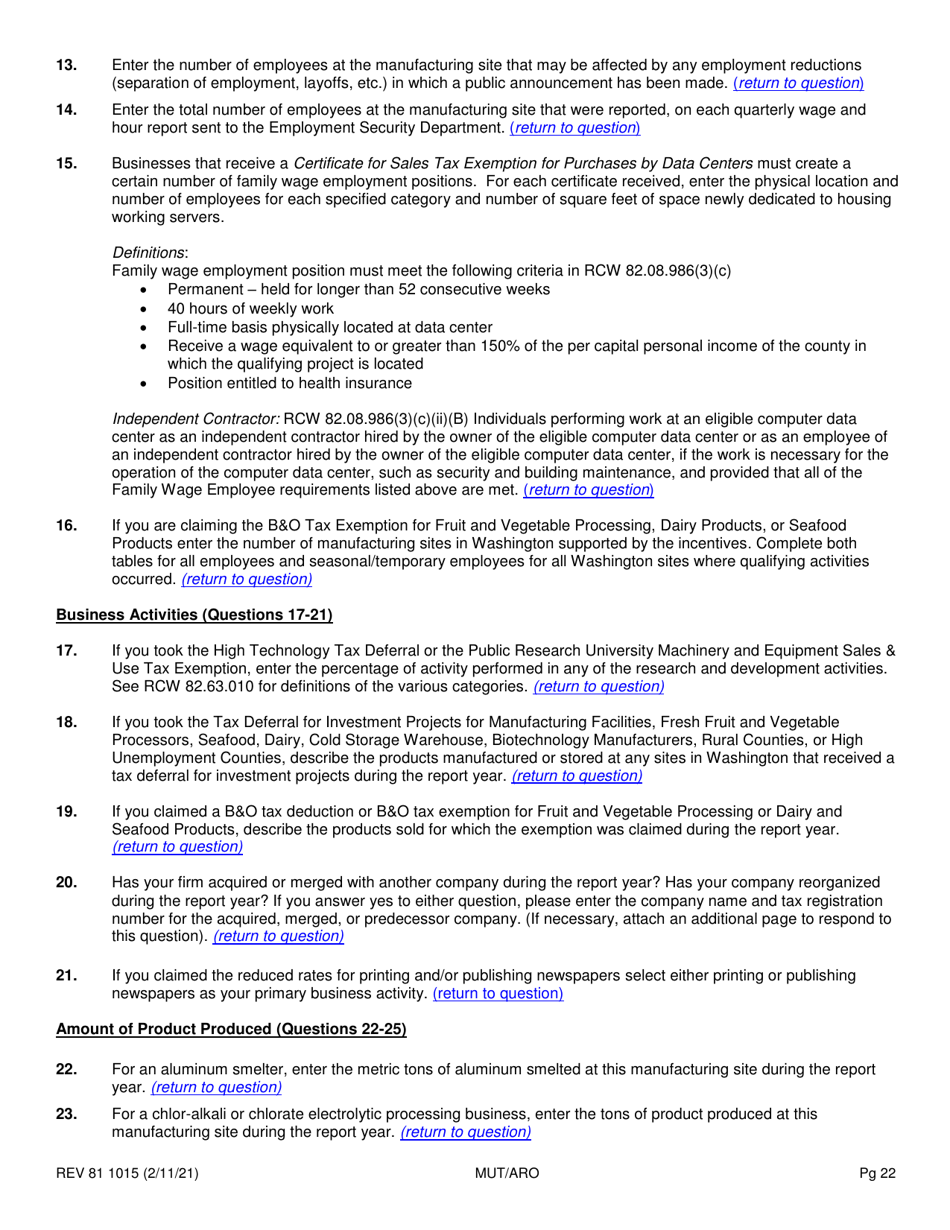 Form REV81 1015 Annual Tax Performance Report for Preferential Tax Rates / Credits / Exemptions / Deferrals Worksheet - Washington, Page 22