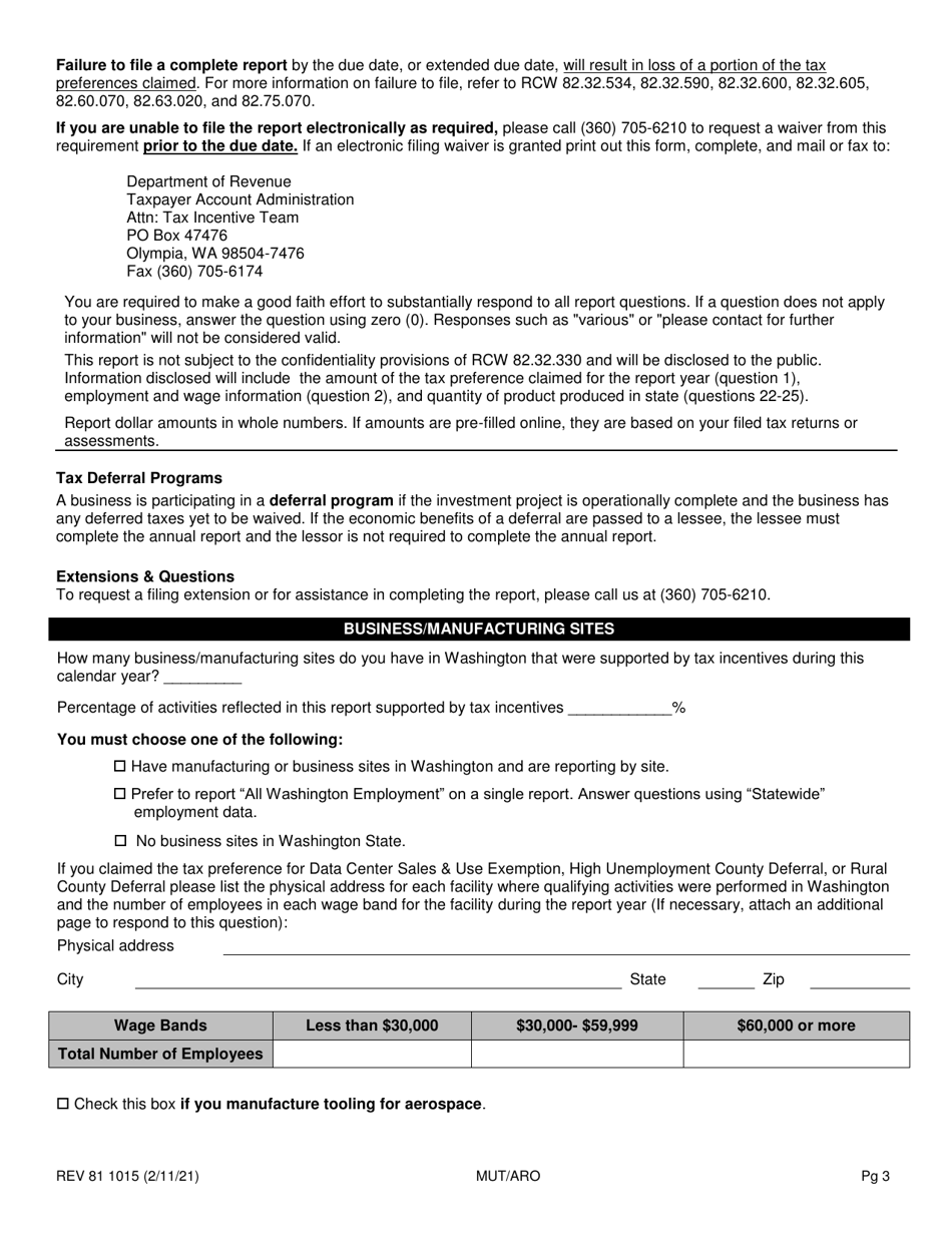 Form REV81 1015 Annual Tax Performance Report for Preferential Tax Rates / Credits / Exemptions / Deferrals Worksheet - Washington, Page 3