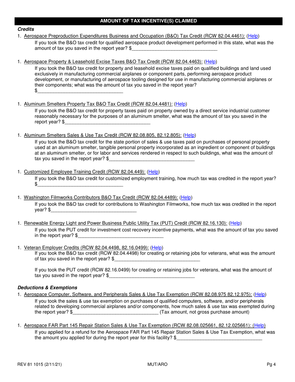 Form REV81 1015 Annual Tax Performance Report for Preferential Tax Rates / Credits / Exemptions / Deferrals Worksheet - Washington, Page 4