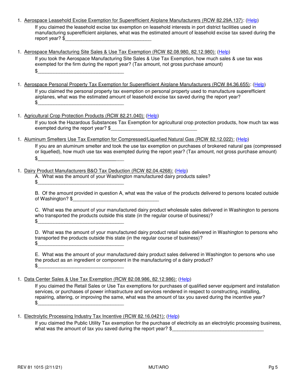 Form REV81 1015 Annual Tax Performance Report for Preferential Tax Rates / Credits / Exemptions / Deferrals Worksheet - Washington, Page 5