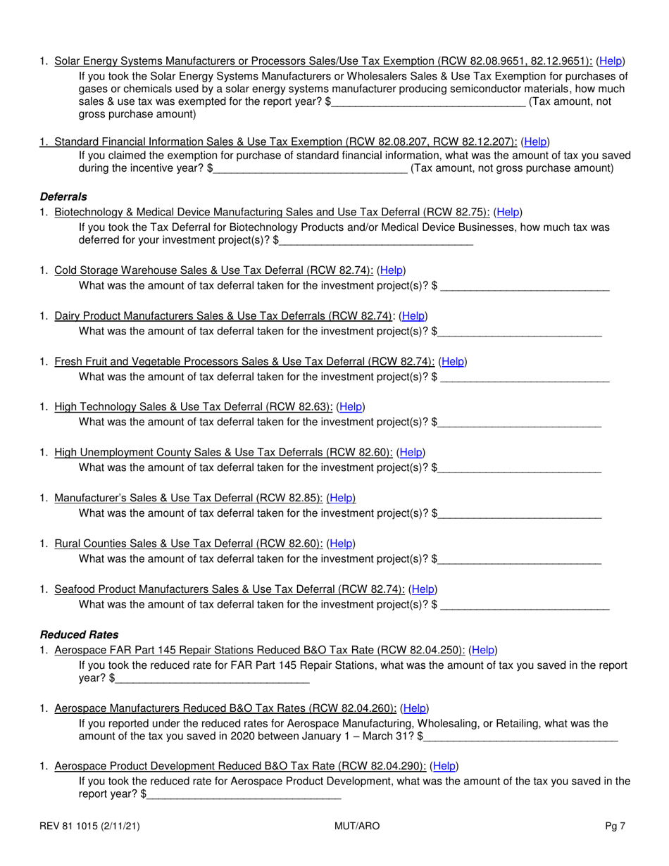 Form REV81 1015 Annual Tax Performance Report for Preferential Tax Rates / Credits / Exemptions / Deferrals Worksheet - Washington, Page 7
