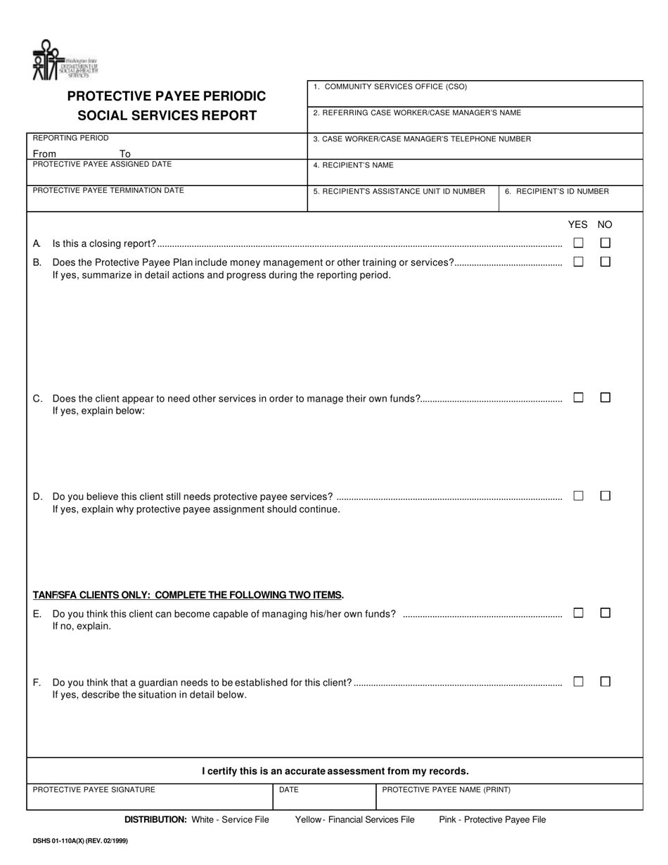 DSHS Form 01-110A Protective Payee Periodic Social Services Report - Washington, Page 1