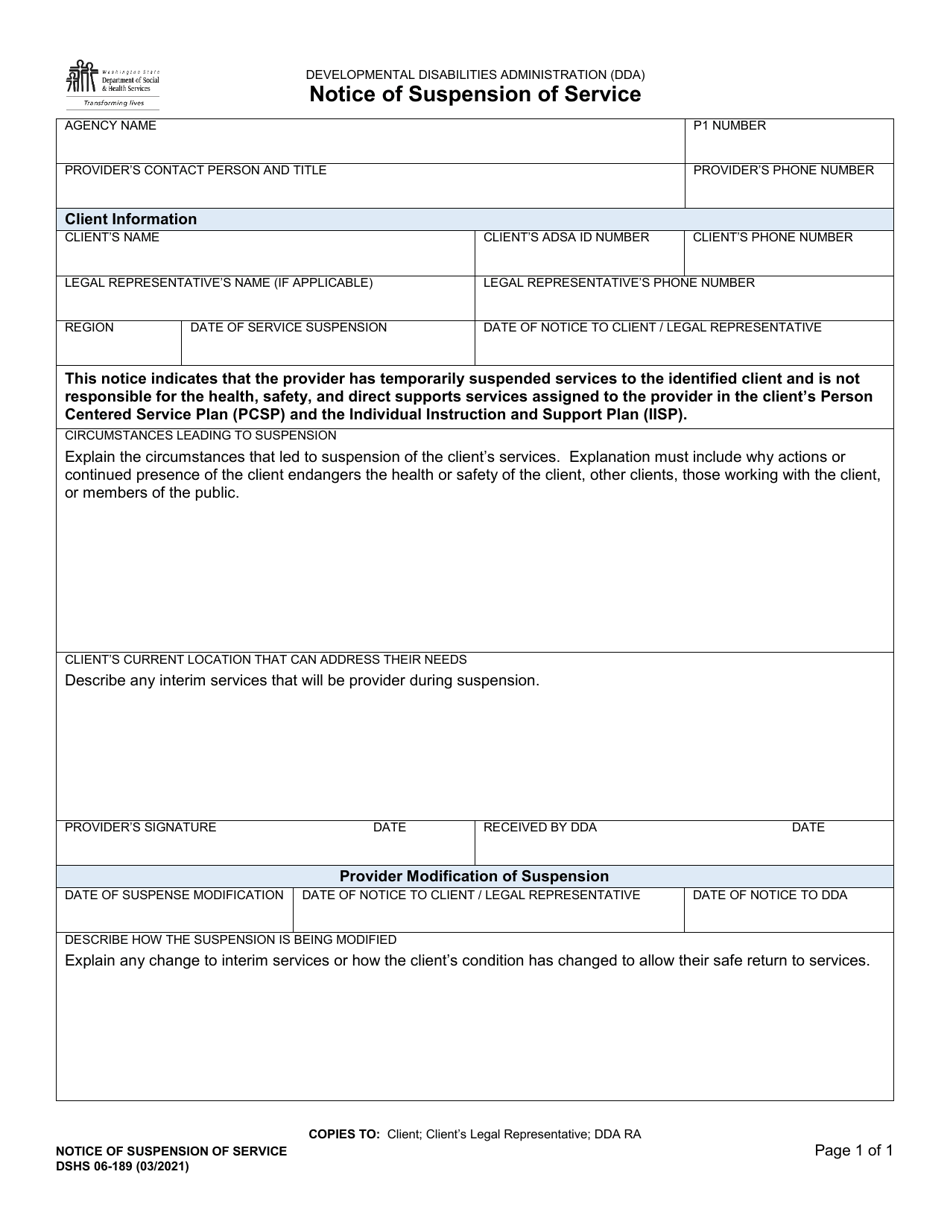 DSHS Form 06-189 Notice of Suspension of Service - Washington, Page 1
