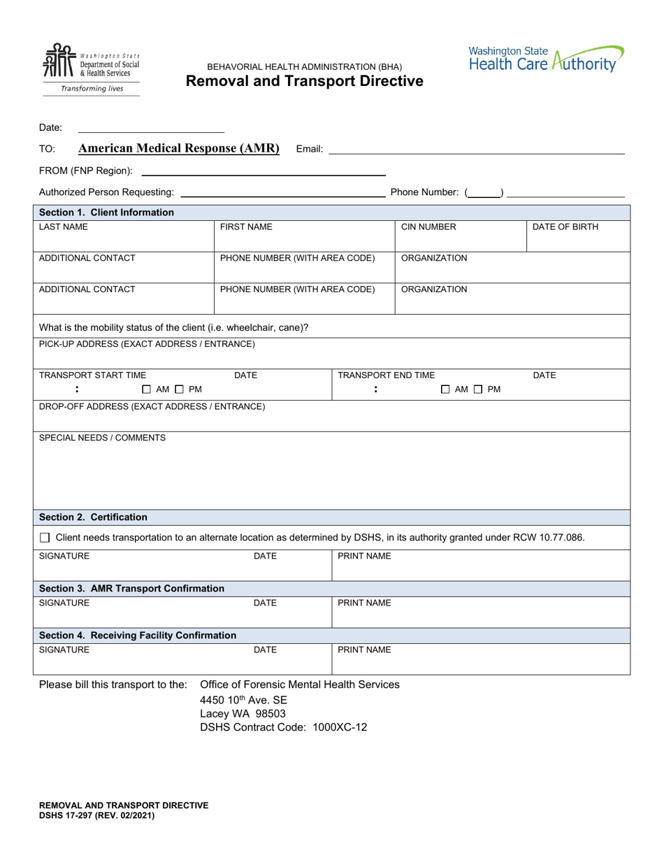 DSHS Form 17-297 Removal and Transport Directive - Washington, Page 1