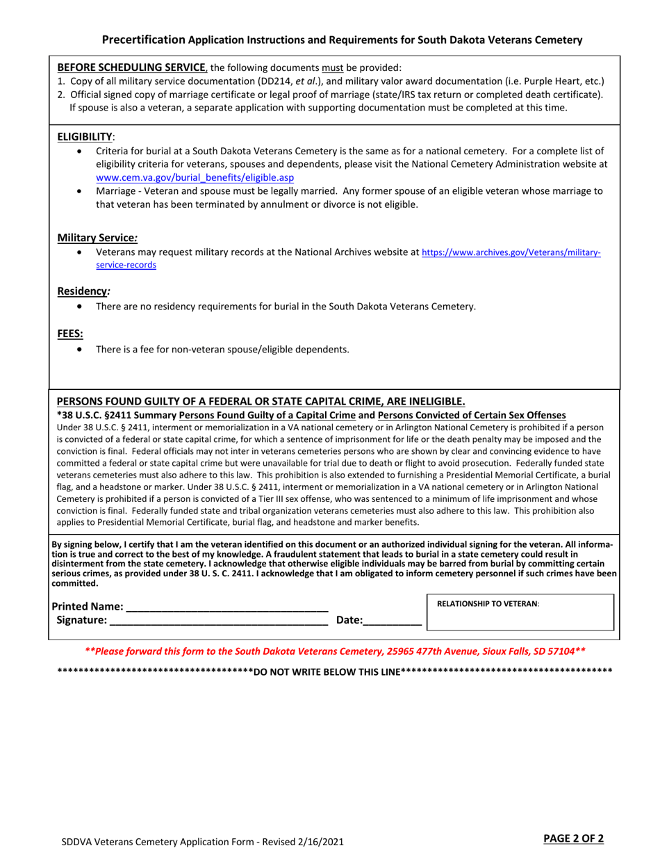 South Dakota Veterans Cemetery Precertification Application - South Dakota, Page 2