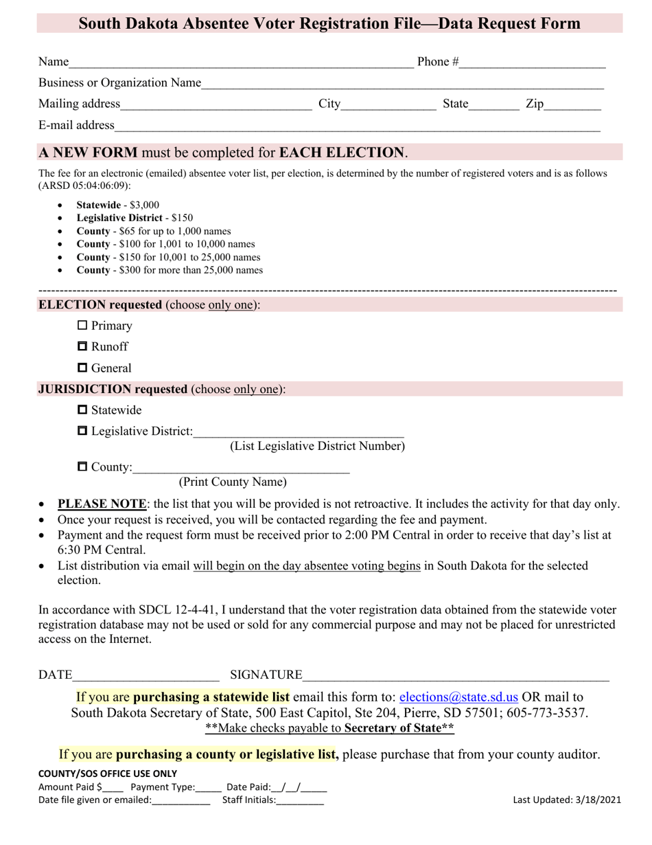 South Dakota Absentee Voter Registration File - Data Request Form - South Dakota, Page 1