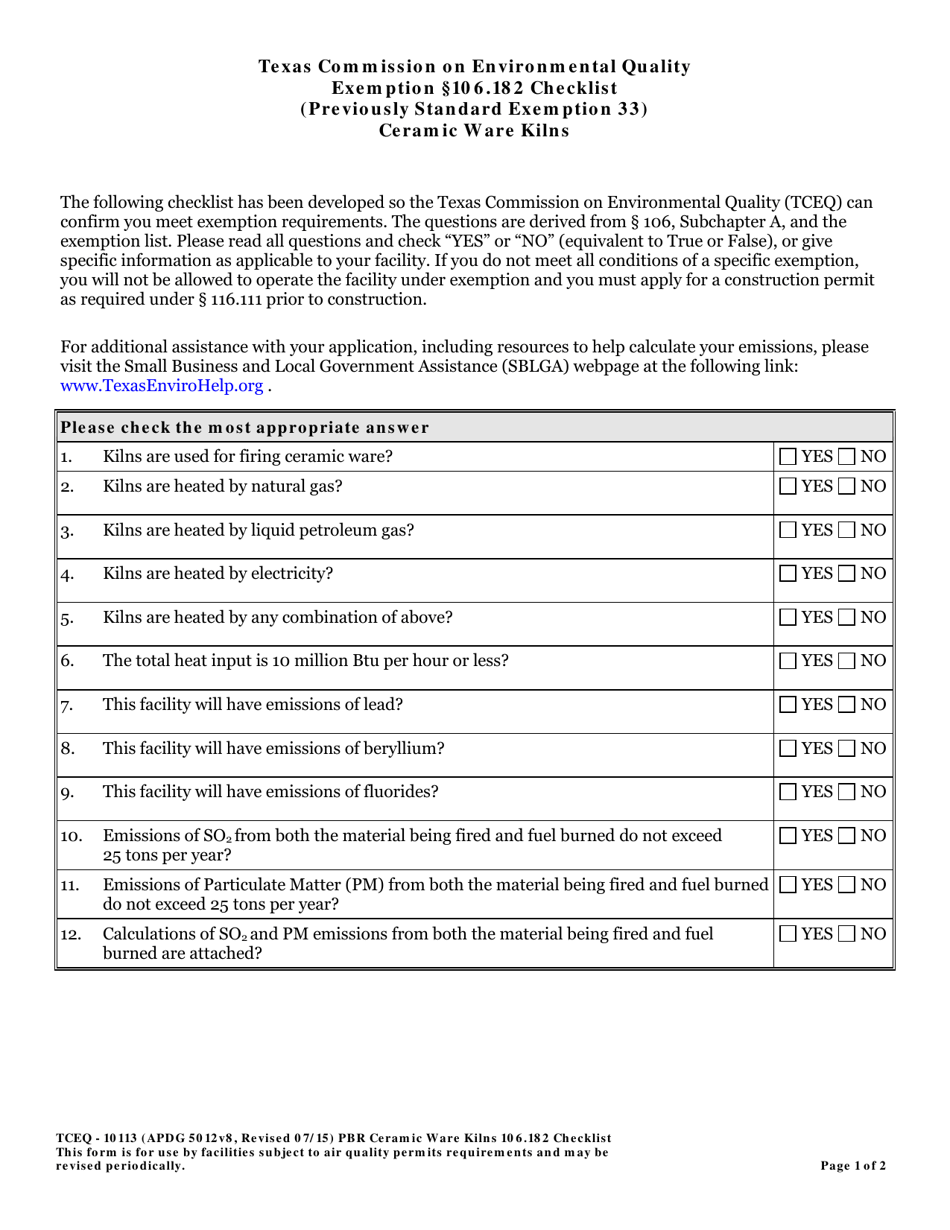 Form TCEQ-10113 Exemption 106.182 Checklist - Ceramic Ware Kilns - Texas, Page 1