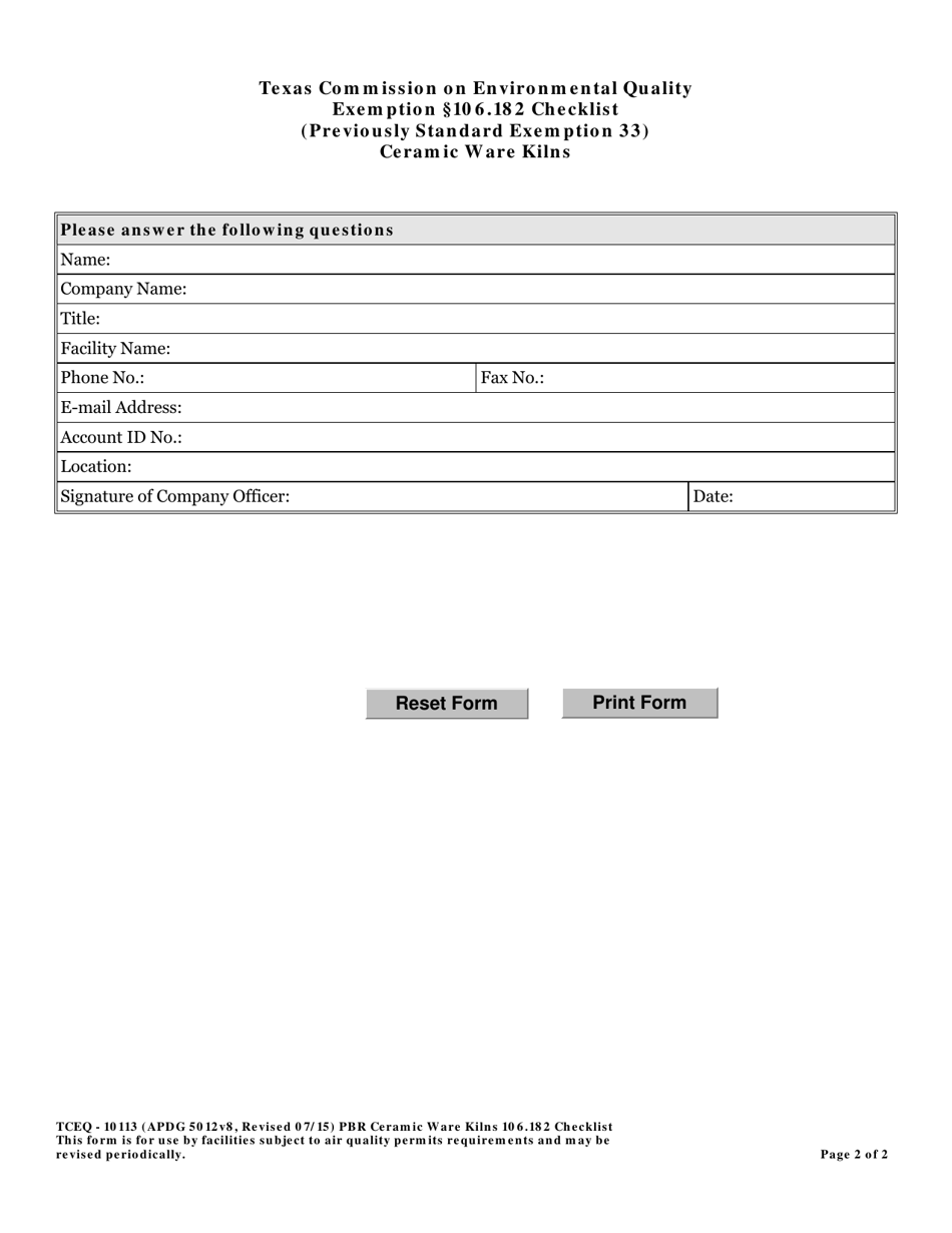 Form TCEQ-10113 Exemption 106.182 Checklist - Ceramic Ware Kilns - Texas, Page 2
