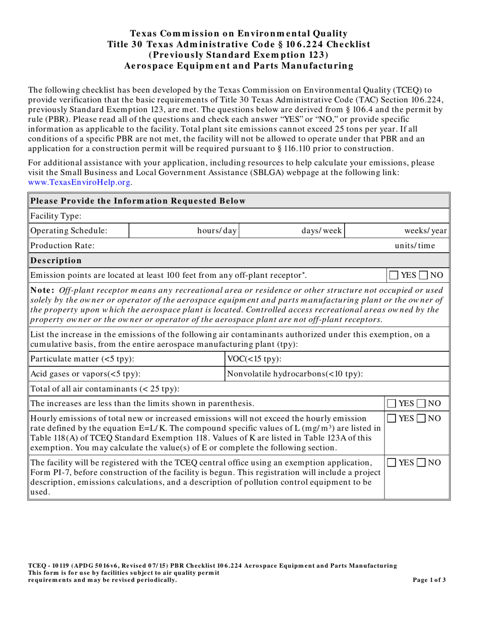 Form TCEQ-10119 Title 30 Texas Administrative Code 106.224 Checklist - Aerospace Equipment and Parts Manufacturing - Texas, Page 1