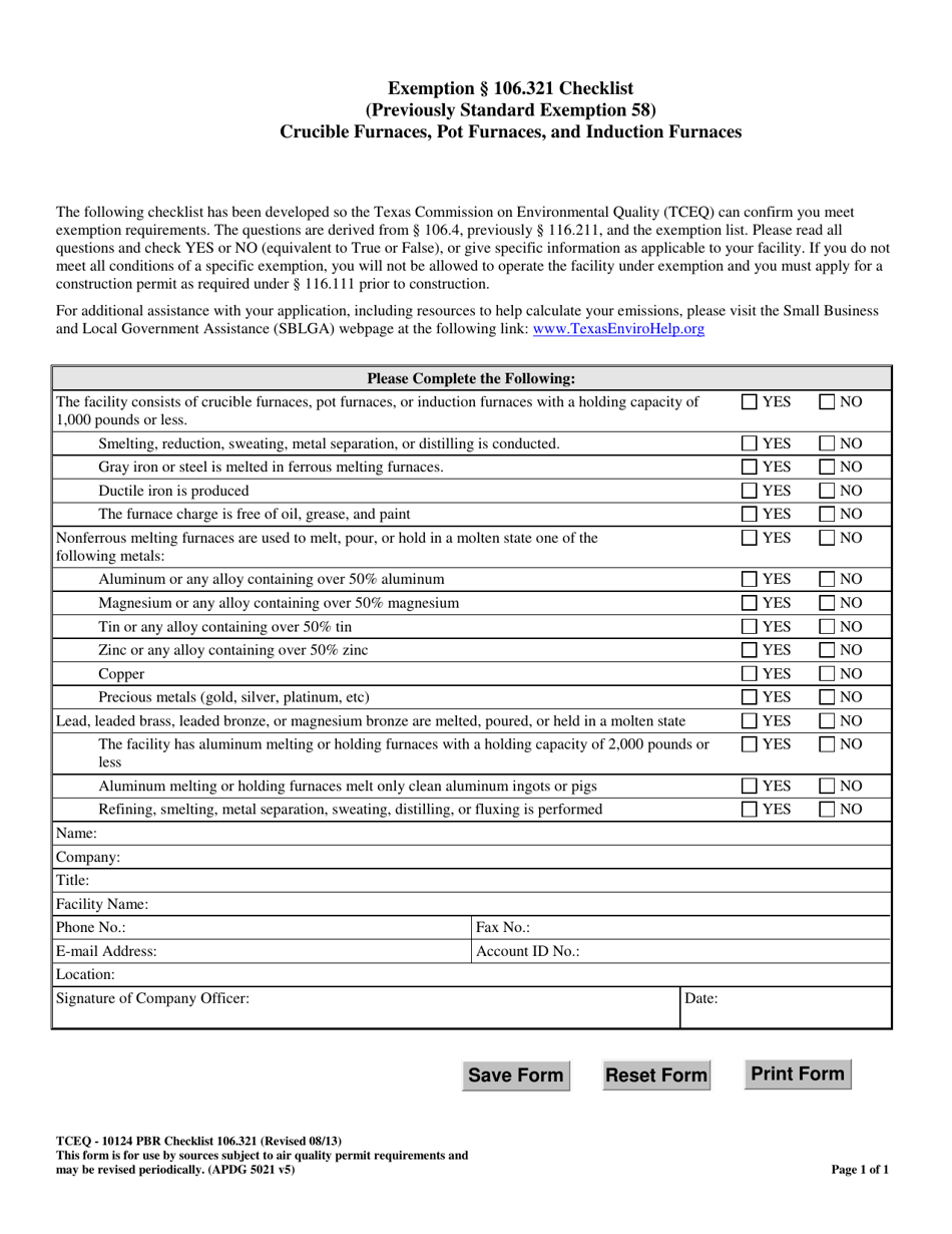 Form TCEQ-10124 Exemption 106.321 Checklist - Crucible Furnaces, Pot Furnaces, and Induction Furnaces - Texas, Page 1