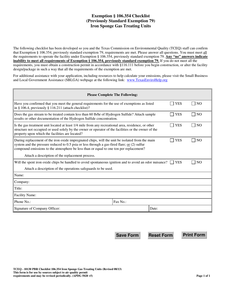Form TCEQ-10130 Exemption 106.354 Checklist - Iron Sponge Gas Treating Units - Texas, Page 1