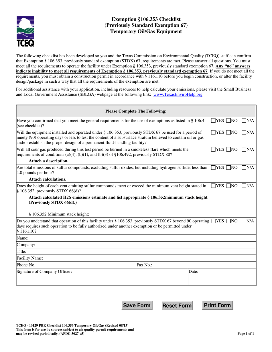 Form TCEQ-10129 Exemption 106.353 Checklist - Temporary Oil/Gas Equipment - Texas, Page 1