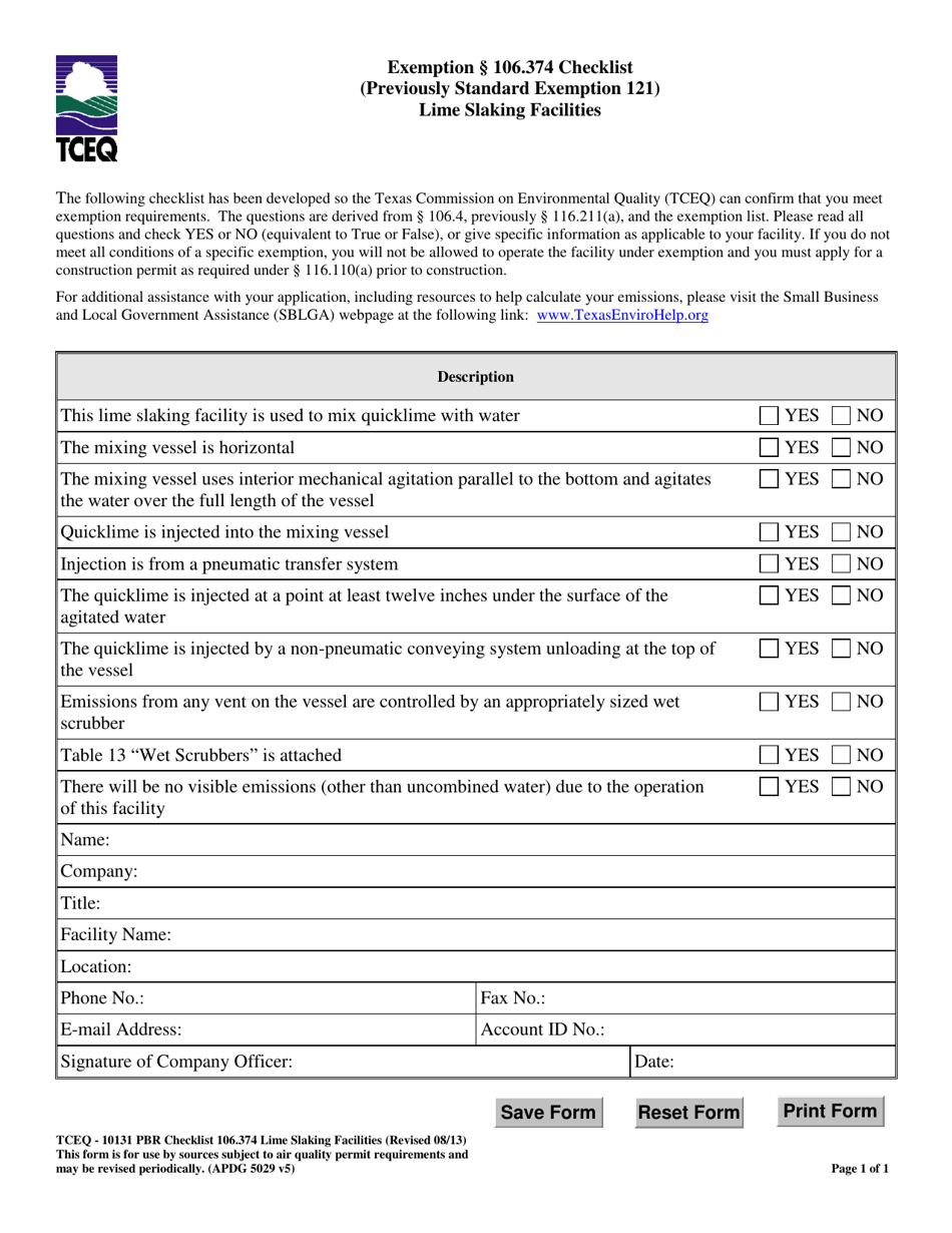 Form TCEQ-10131 Exemption 106.374 Checklist - Lime Slaking Facilities - Texas, Page 1