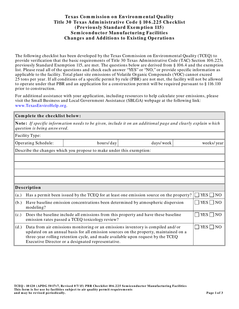 Form TCEQ-10120 Title 30 Texas Administrative Code 106.225 Checklist - Semiconductor Manufacturing Facilities Changes and Additions to Existing Operations - Texas, Page 1