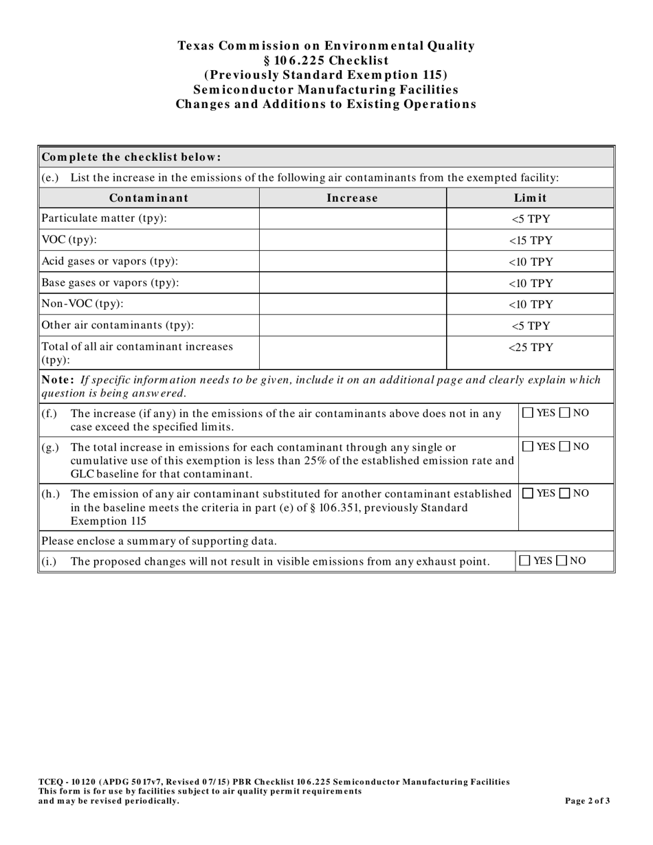 Form TCEQ-10120 Title 30 Texas Administrative Code 106.225 Checklist - Semiconductor Manufacturing Facilities Changes and Additions to Existing Operations - Texas, Page 2