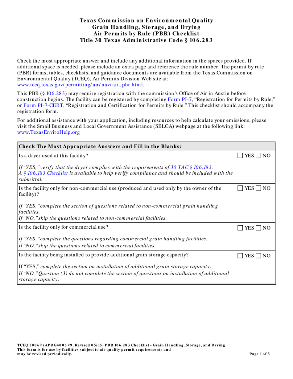 Form TCEQ-20069 Grain Handling, Storage, and Drying Air Permits by Rule (Pbr) Checklist - Texas, Page 1