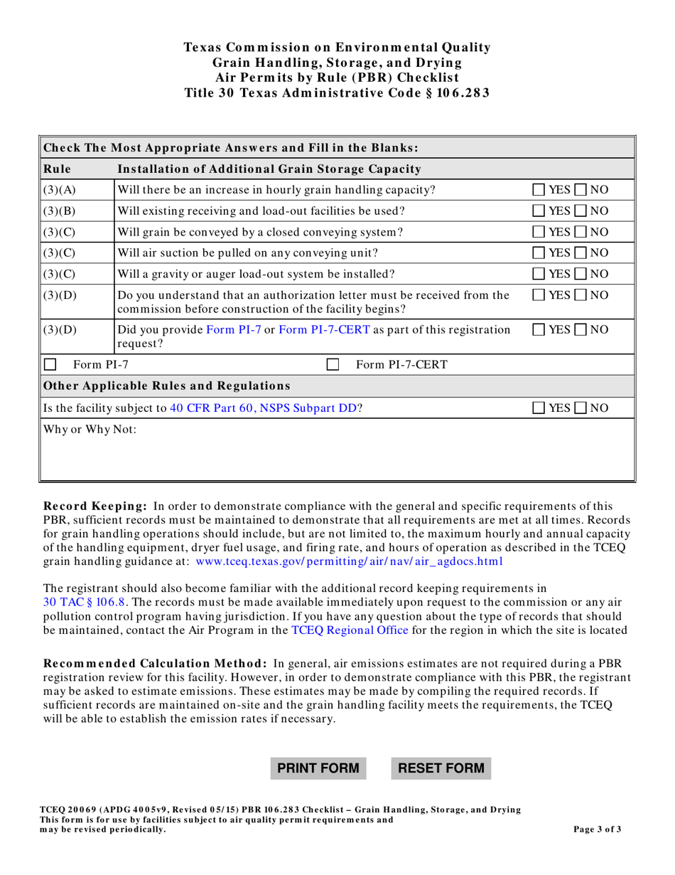 Form TCEQ-20069 Grain Handling, Storage, and Drying Air Permits by Rule (Pbr) Checklist - Texas, Page 3