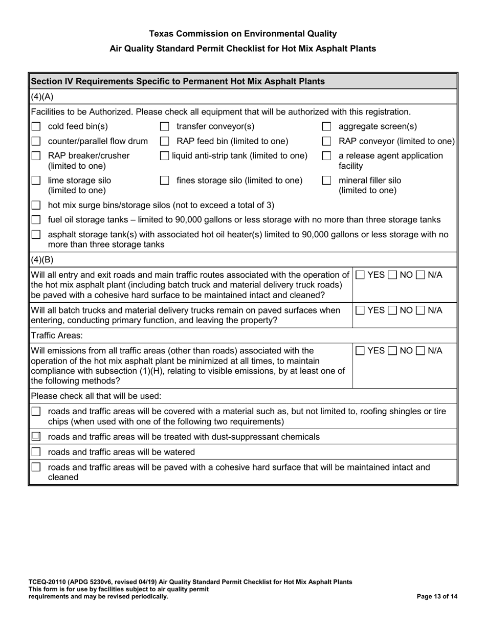 Form TCEQ-20110 Air Quality Standard Permit Checklist for Hot Mix Asphalt Plants - Texas, Page 13