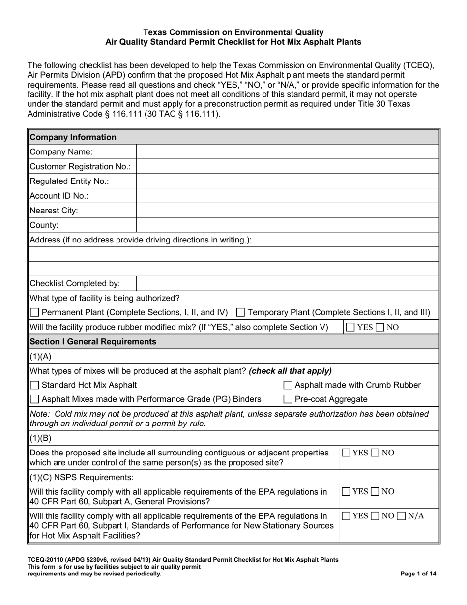 Form TCEQ-20110 Air Quality Standard Permit Checklist for Hot Mix Asphalt Plants - Texas, Page 1