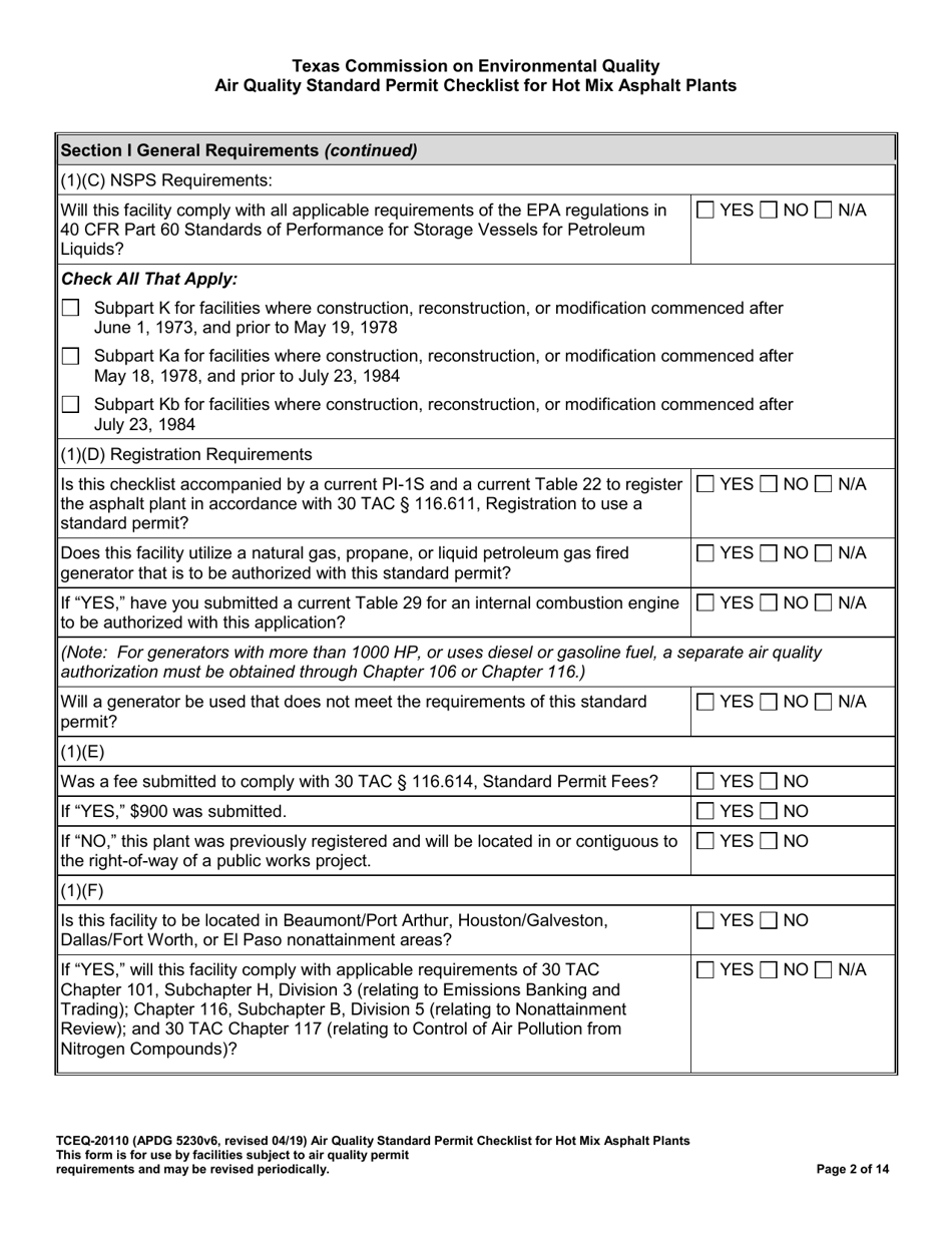 Form TCEQ-20110 Air Quality Standard Permit Checklist for Hot Mix Asphalt Plants - Texas, Page 2
