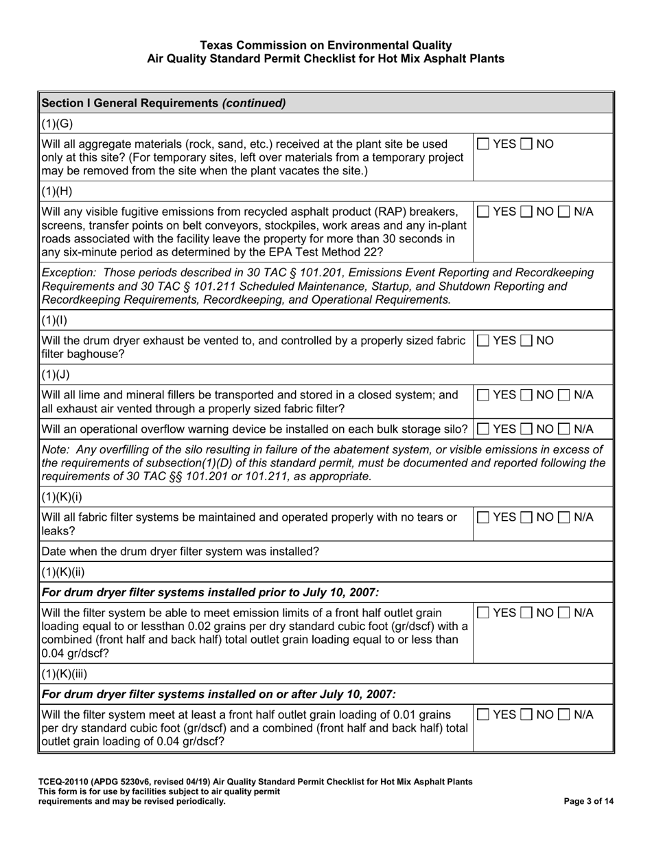 Form TCEQ-20110 Air Quality Standard Permit Checklist for Hot Mix Asphalt Plants - Texas, Page 3
