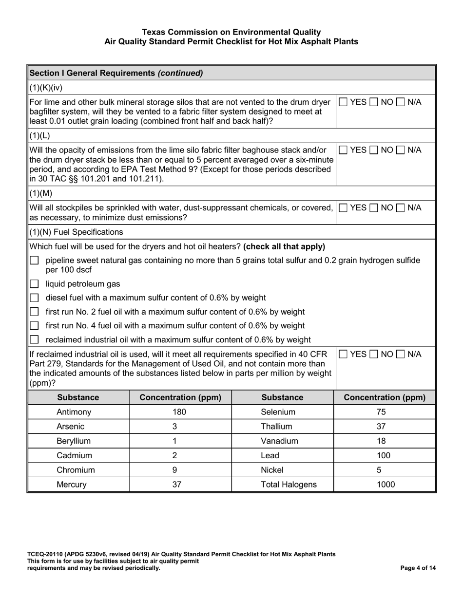 Form TCEQ-20110 Air Quality Standard Permit Checklist for Hot Mix Asphalt Plants - Texas, Page 4