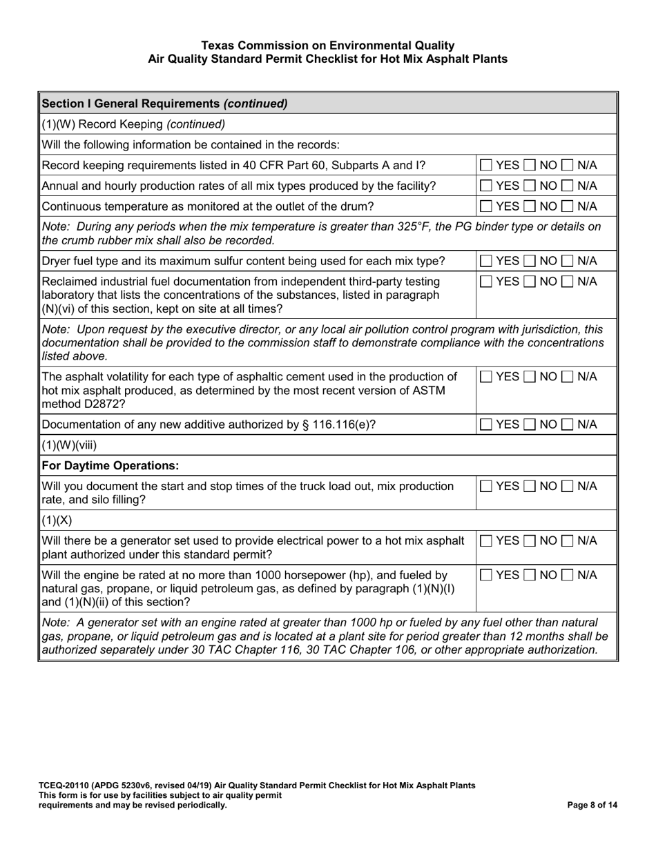 Form TCEQ-20110 Air Quality Standard Permit Checklist for Hot Mix Asphalt Plants - Texas, Page 8