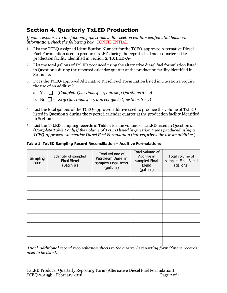 Form TCEQ-20195B Texas Low Emission Diesel (Txled) Producer Alternative Diesel Fuel Formulation Quarterly Reporting Form - Texas, Page 2