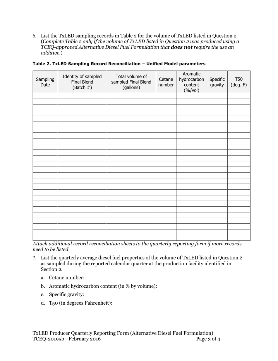 Form TCEQ-20195B Texas Low Emission Diesel (Txled) Producer Alternative Diesel Fuel Formulation Quarterly Reporting Form - Texas, Page 3