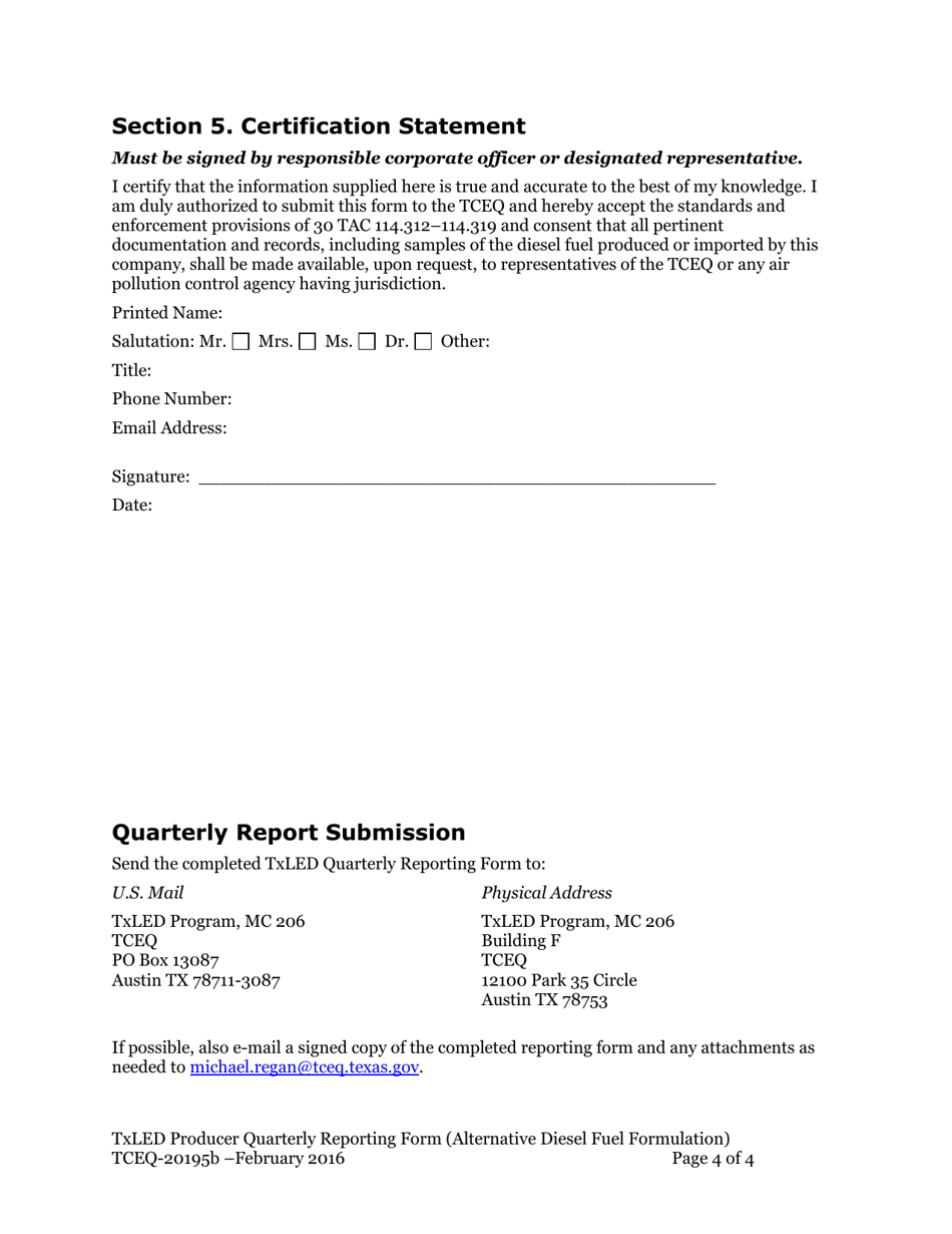 Form TCEQ-20195B Texas Low Emission Diesel (Txled) Producer Alternative Diesel Fuel Formulation Quarterly Reporting Form - Texas, Page 4