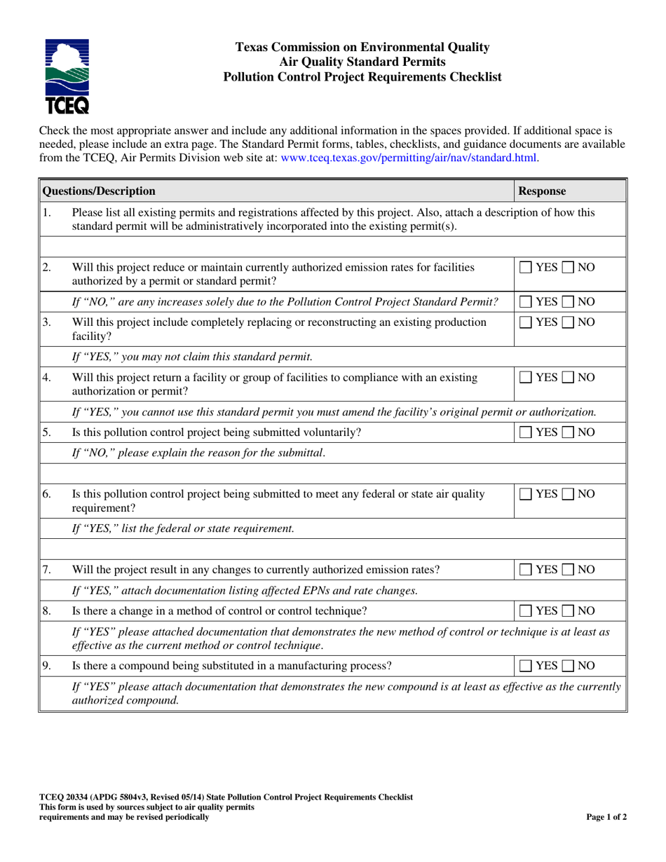 Form TCEQ-20334 Pollution Control Project Requirements Checklist - Texas, Page 1