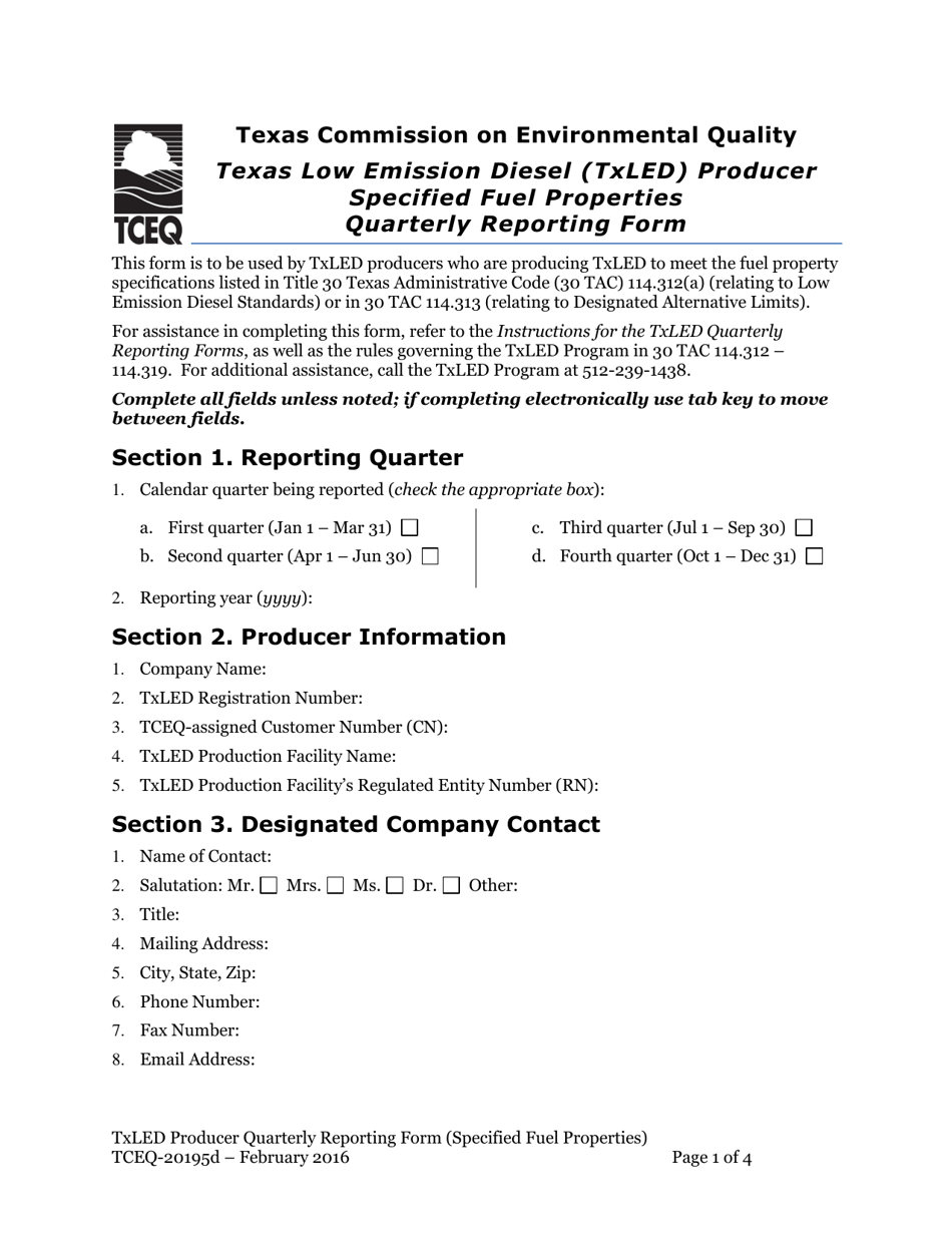 Form TCEQ-20195D Texas Low Emission Diesel (Txled) Producer Specified Fuel Properties Quarterly Reporting Form - Texas, Page 1