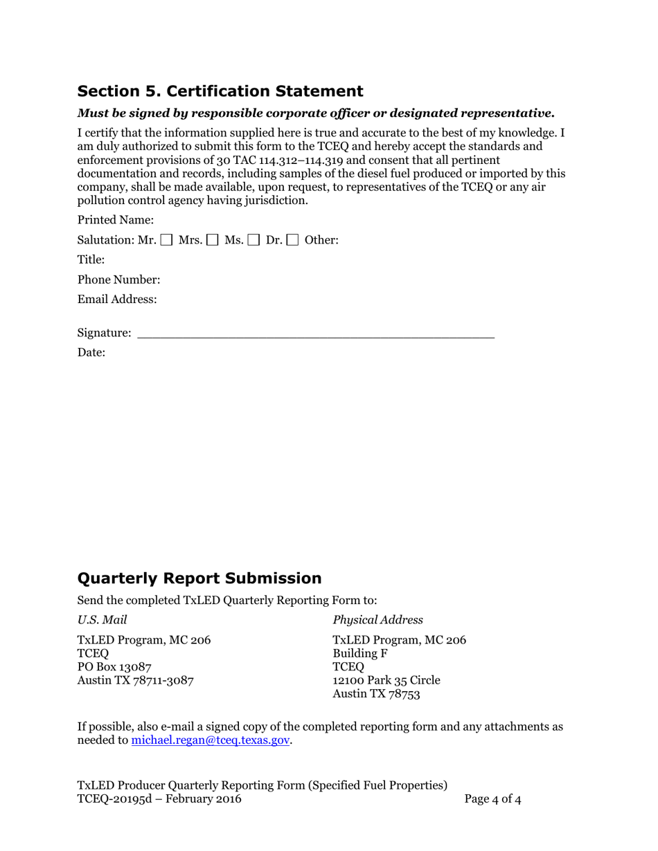 Form TCEQ-20195D Texas Low Emission Diesel (Txled) Producer Specified Fuel Properties Quarterly Reporting Form - Texas, Page 4