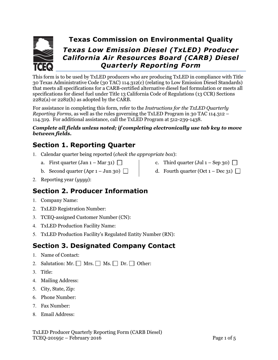 Form TCEQ-20195C Texas Low Emission Diesel (Txled) Producer California Air Resources Board (Carb) Diesel Quarterly Reporting Form - Texas, Page 1