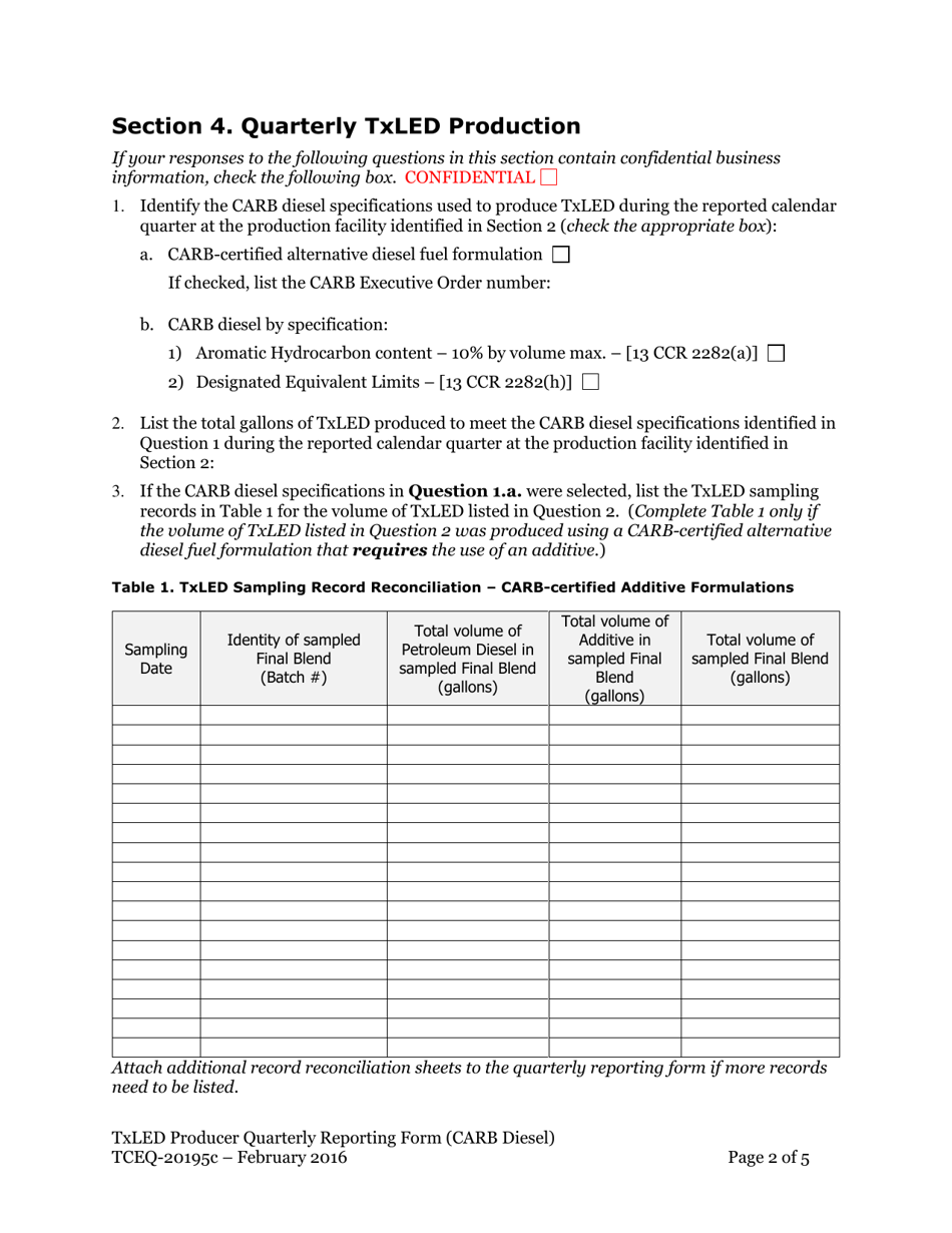 Form TCEQ-20195C Texas Low Emission Diesel (Txled) Producer California Air Resources Board (Carb) Diesel Quarterly Reporting Form - Texas, Page 2