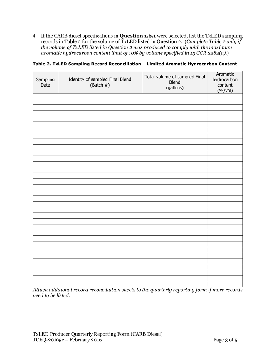 Form TCEQ-20195C Texas Low Emission Diesel (Txled) Producer California Air Resources Board (Carb) Diesel Quarterly Reporting Form - Texas, Page 3