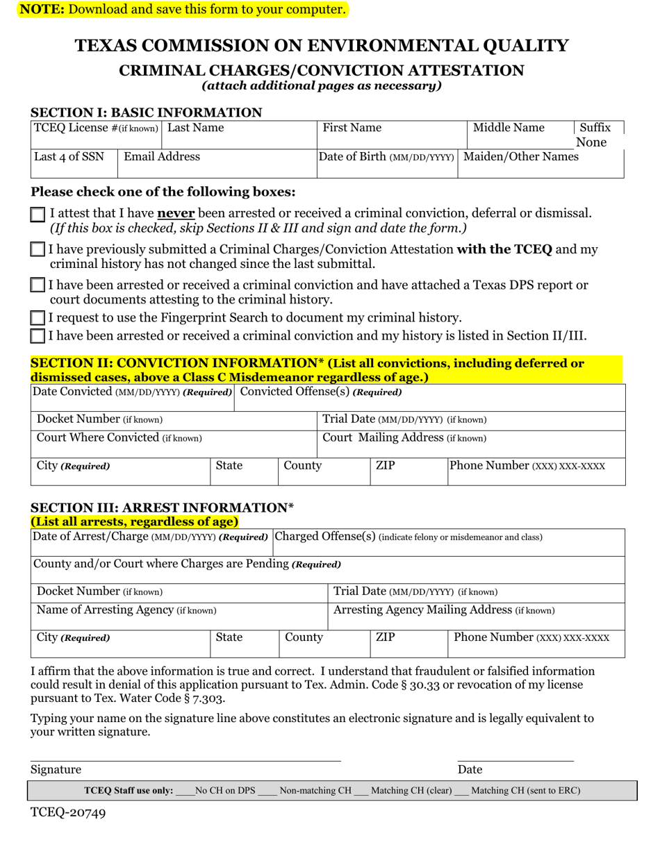Form TCEQ-20749 Criminal Charges / Conviction Attestation - Texas, Page 1