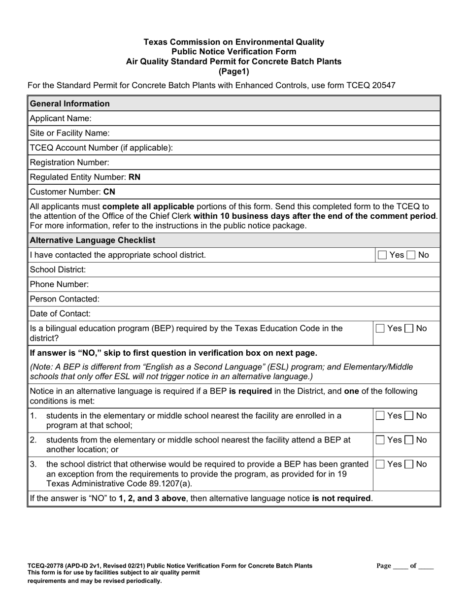 Form TCEQ-20778 Public Notice Verification Form Air Quality Standard Permit for Concrete Batch Plants - Texas, Page 1