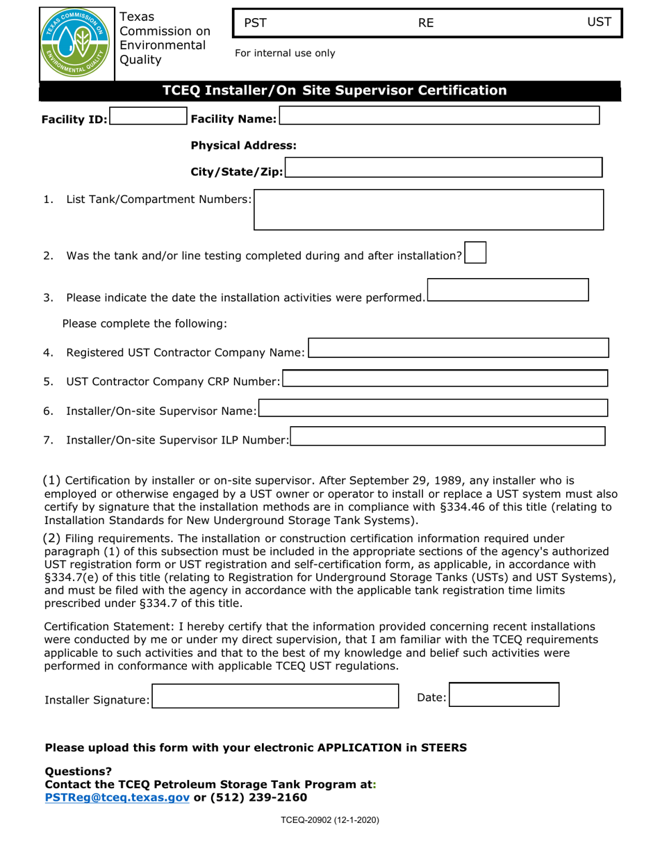 Form TCEQ-20902 Tceq Installer / On Site Supervisor Certification - Texas, Page 1