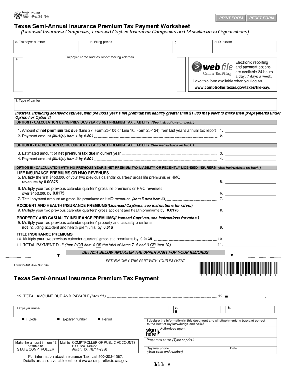 Form 25-101 Texas Semi-annual Insurance Premium Tax Payment Worksheet - Texas, Page 1