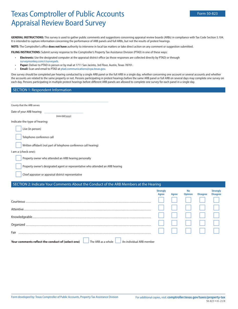 Form 50-823 Appraisal Review Board Survey - Texas, Page 1