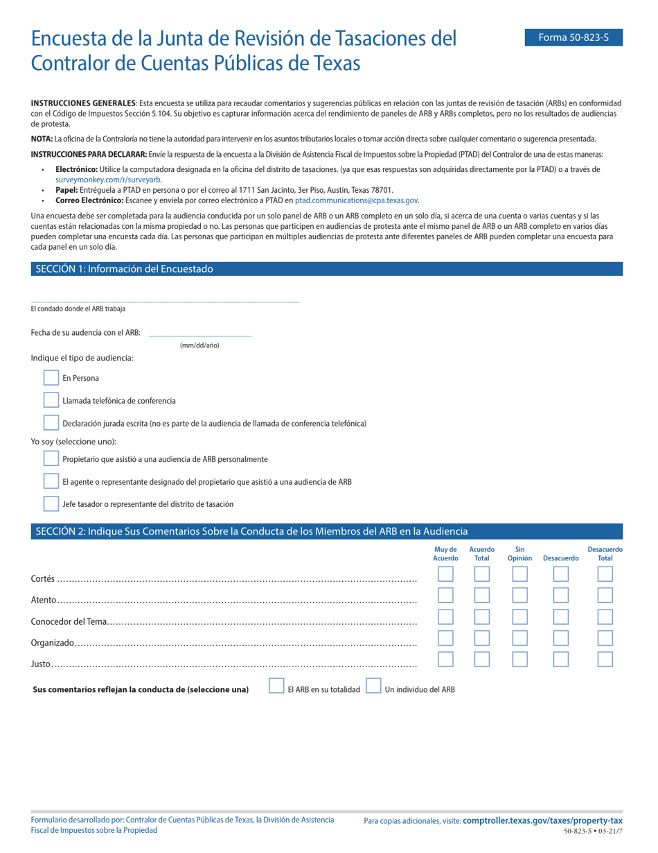 Formulario 50-823-S Encuesta De La Junta De Revision De Tasaciones Del Contralor De Cuentas Publicas De Texas - Texas (Spanish), Page 1