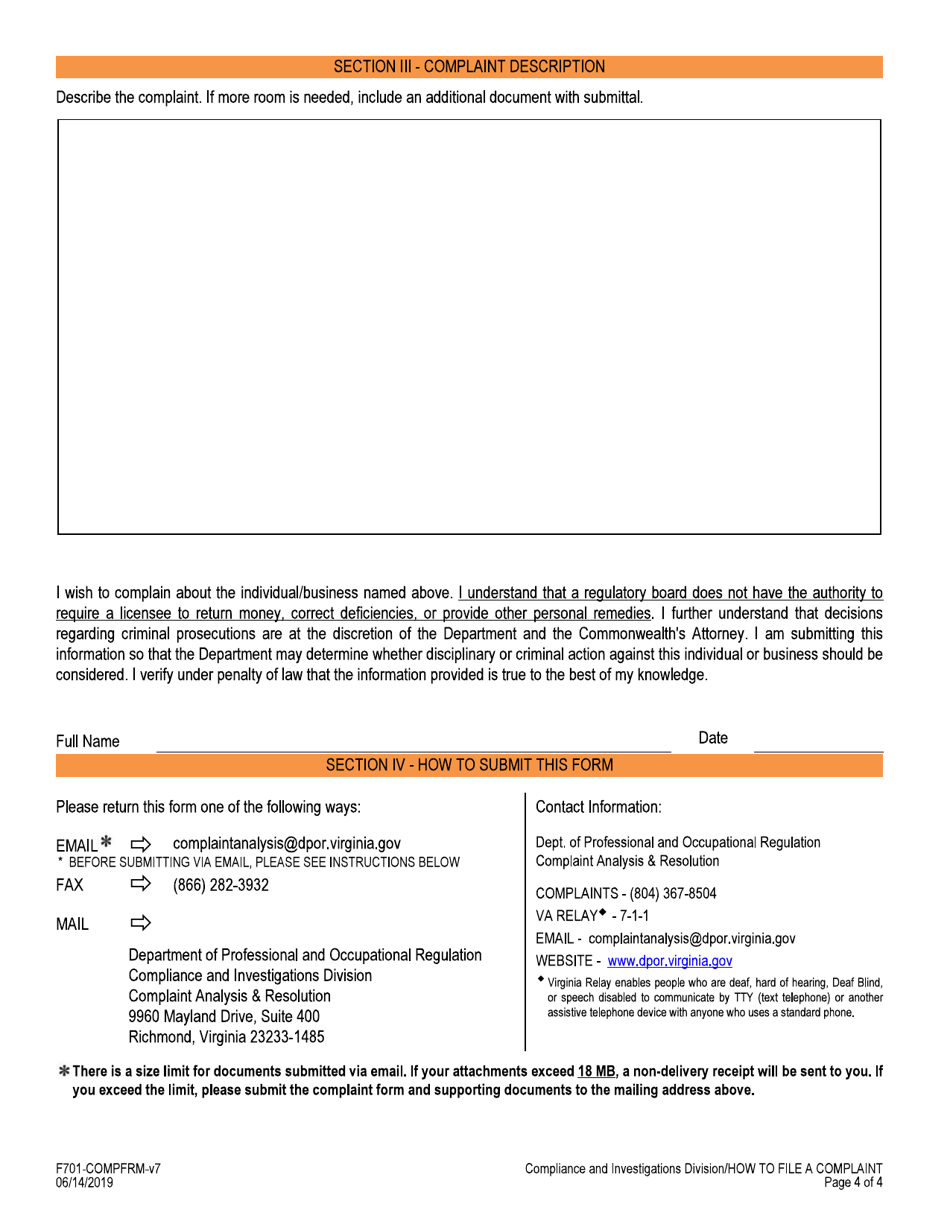Form F701-COMPFRM Dpor Regulatory Complaint Form - Virginia, Page 4